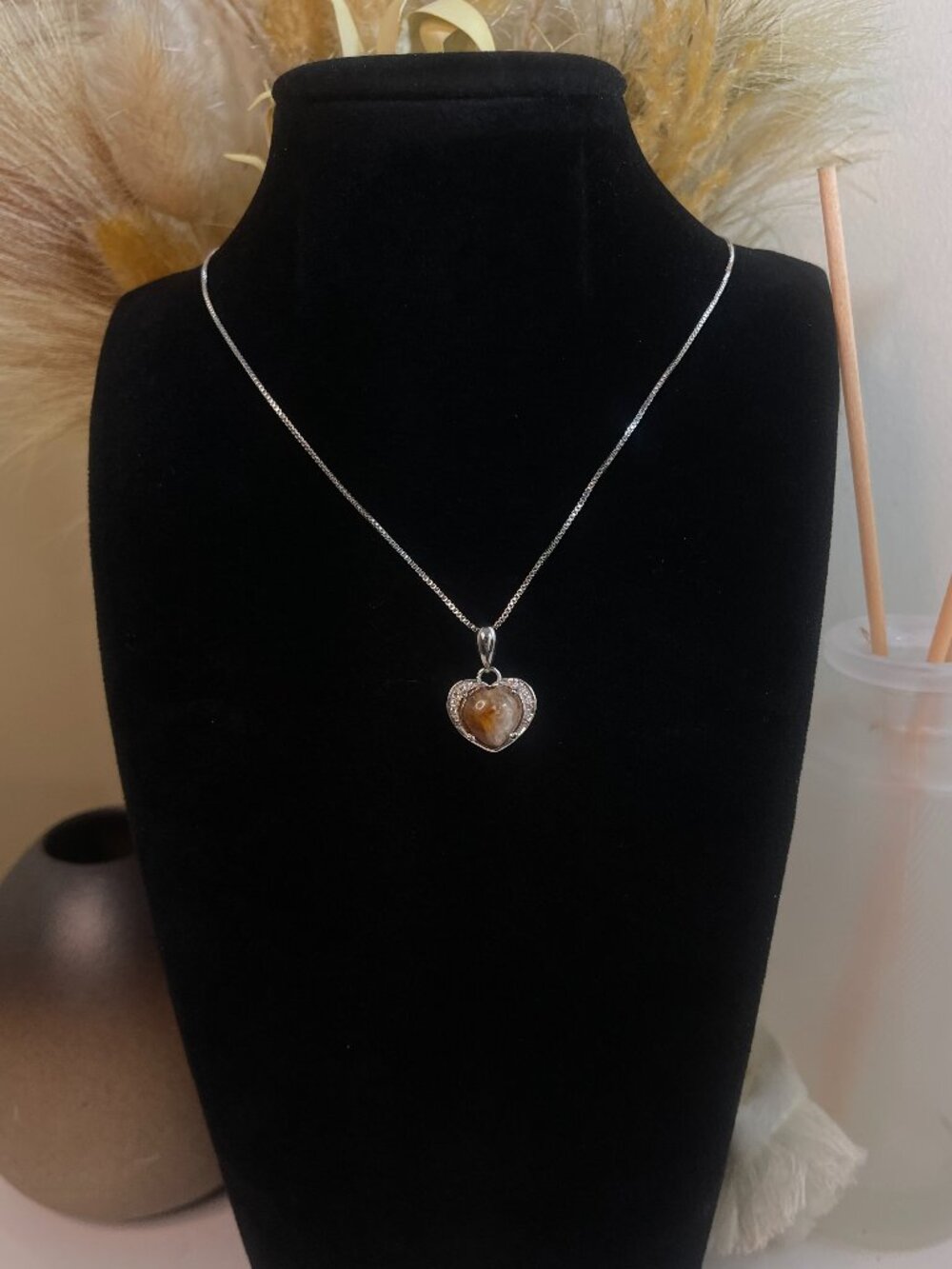 925 Sterling Silver Natural Los Lobos Opal Heart Necklace White Zircon Pendant